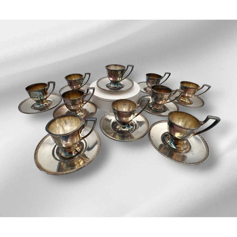 Vintage Chippendale EPNS Silverplate Demitasse Cups & Saucers Set of 10 Pat.1914